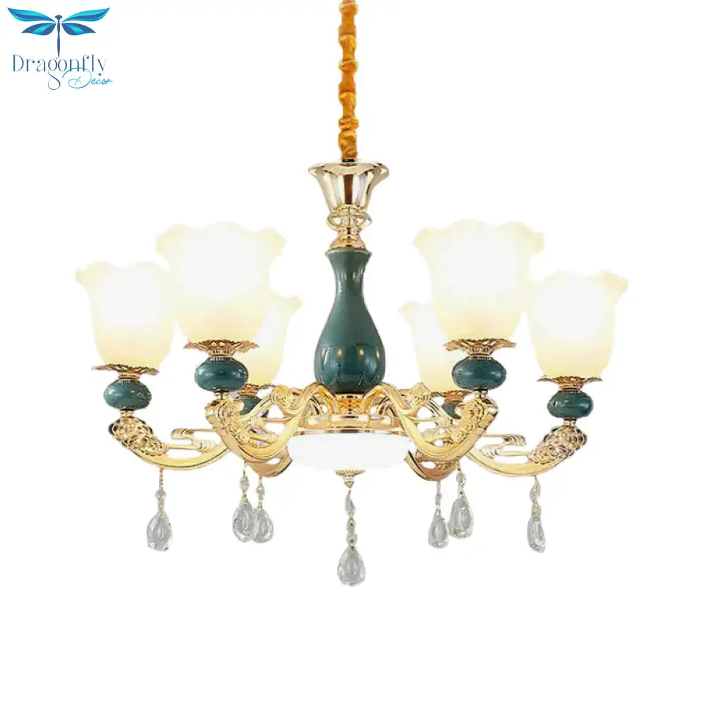 3/6 Bulbs Up Suspension Lamp Classic Flower Opal Glass Pendant Chandelier With Scrolled Arm In