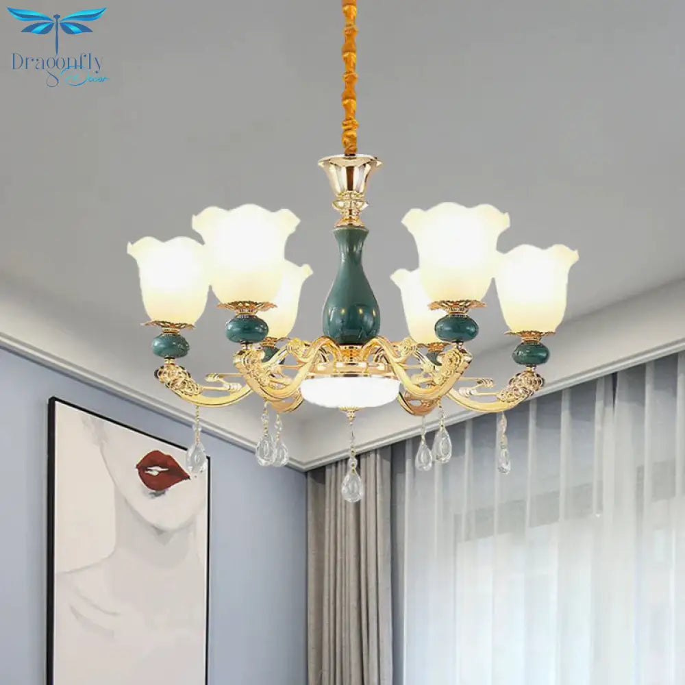 3/6 Bulbs Up Suspension Lamp Classic Flower Opal Glass Pendant Chandelier With Scrolled Arm In