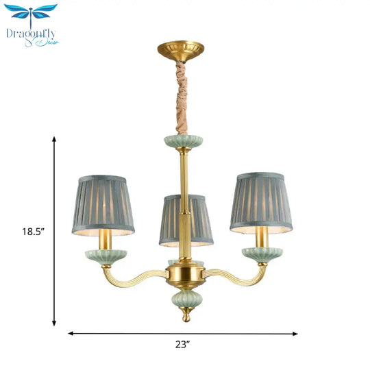 3/6 - Head Fabric Chandelier Lighting Traditional Brass Pleated Shade Bedroom Drop Pendant With