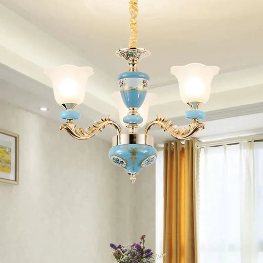 3/6 - Head Opaline Glass Ceiling Chandelier Vintage Blue Floral Shape Dining Room Pendant Light