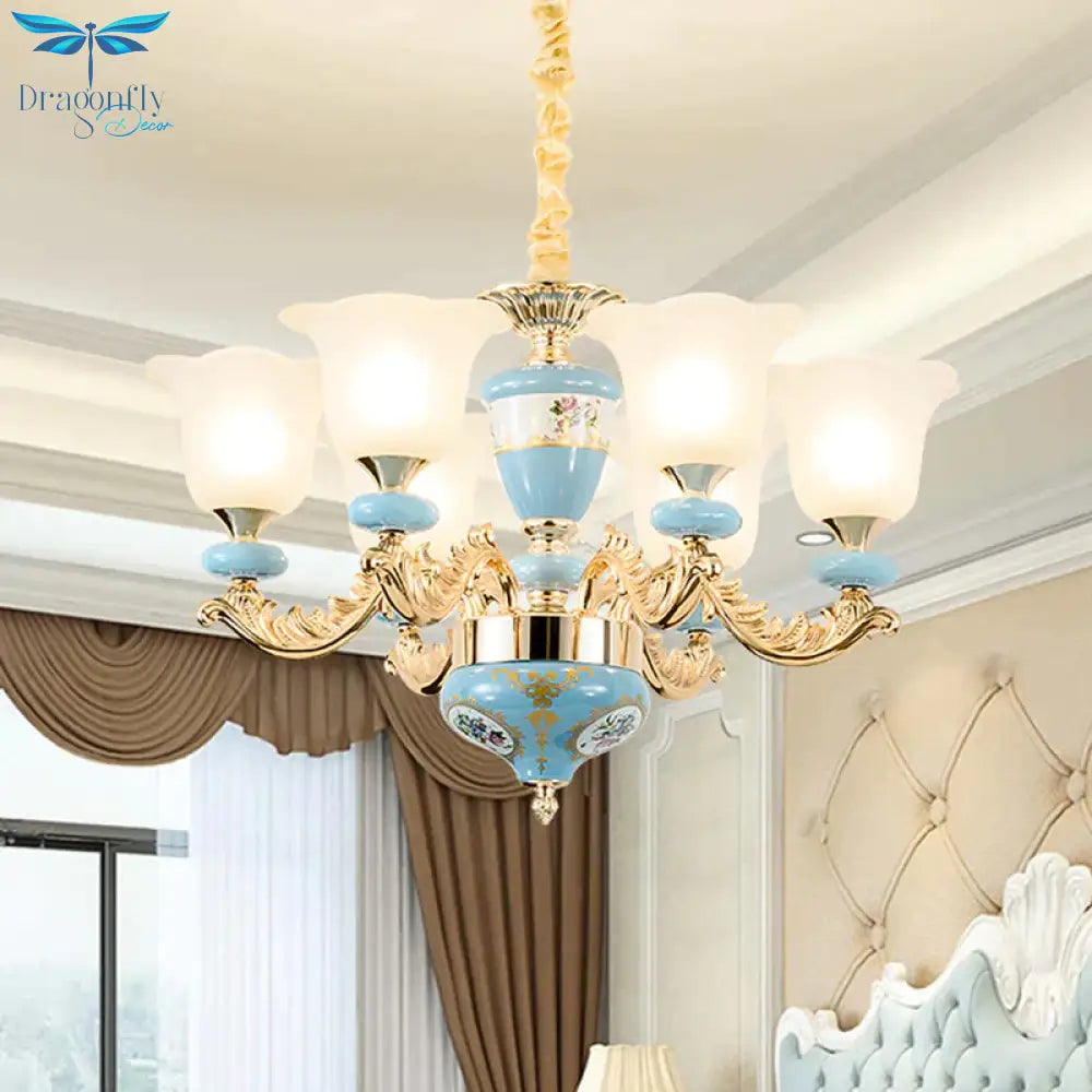 3/6 - Head Opaline Glass Ceiling Chandelier Vintage Blue Floral Shape Dining Room Pendant Light
