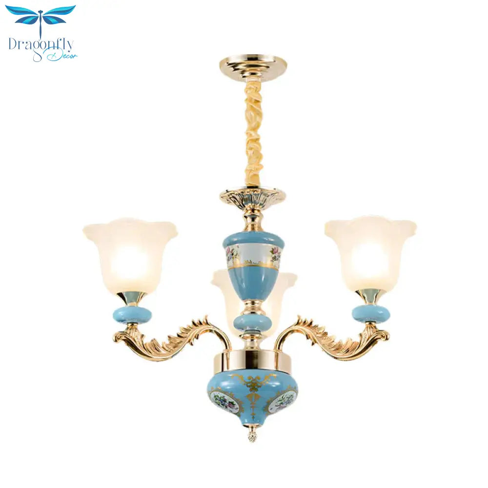 3/6 - Head Opaline Glass Ceiling Chandelier Vintage Blue Floral Shape Dining Room Pendant Light