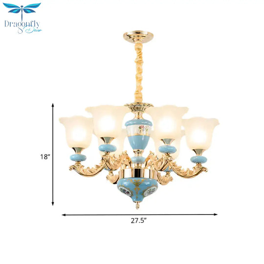 3/6 - Head Opaline Glass Ceiling Chandelier Vintage Blue Floral Shape Dining Room Pendant Light