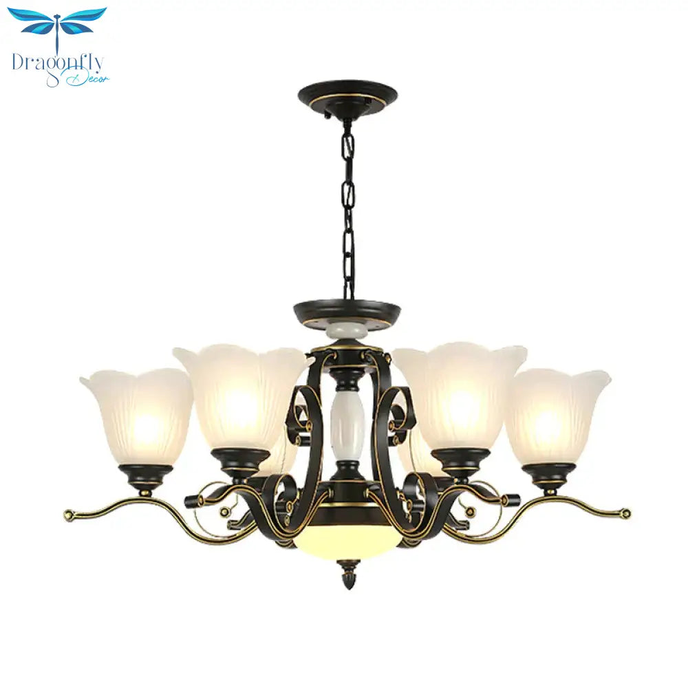 3/6 Heads Blossom Chandelier Lamp Traditional Black Opaline Glass Suspension Lighting With Scroll