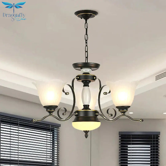 3/6 Heads Blossom Chandelier Lamp Traditional Black Opaline Glass Suspension Lighting With Scroll