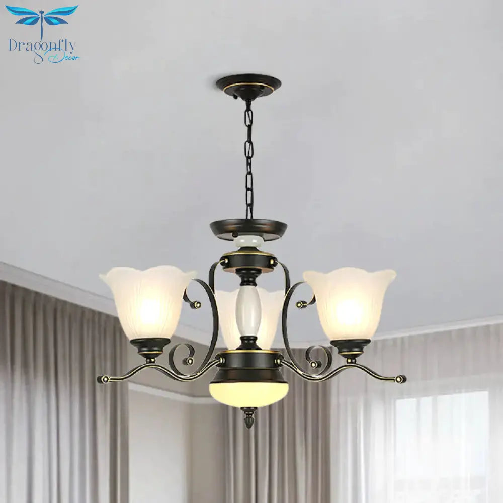 3/6 Heads Blossom Chandelier Lamp Traditional Black Opaline Glass Suspension Lighting With Scroll
