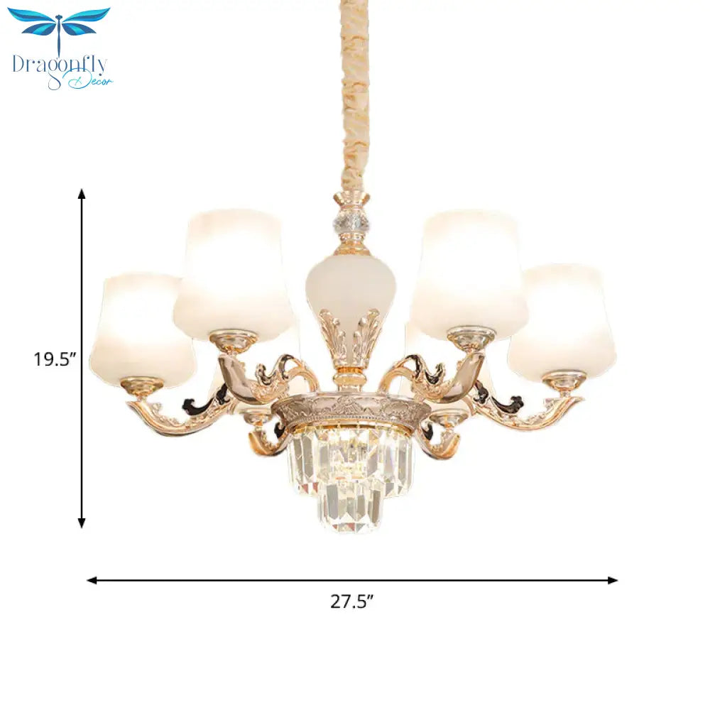3/6 Heads Ceiling Light With Tapered Shade White Glass Traditional Bedchamber Chandelier Lamp In