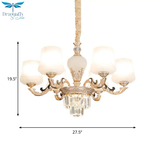 3/6 Heads Ceiling Light With Tapered Shade White Glass Traditional Bedchamber Chandelier Lamp In