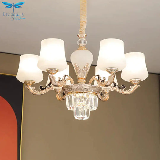 3/6 Heads Ceiling Light With Tapered Shade White Glass Traditional Bedchamber Chandelier Lamp In