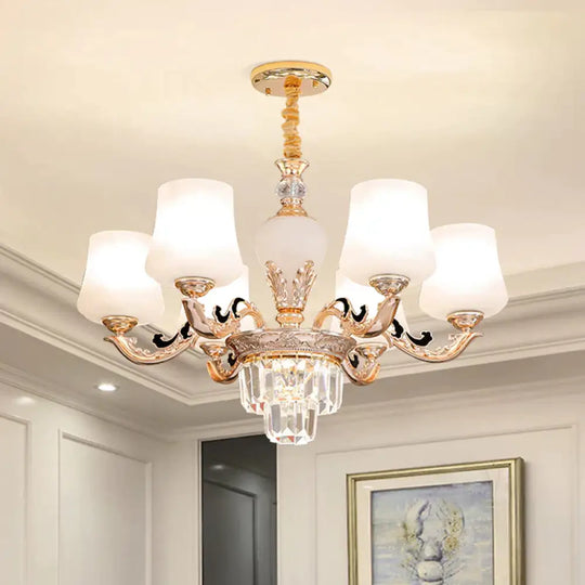 3/6 Heads Ceiling Light With Tapered Shade White Glass Traditional Bedchamber Chandelier Lamp In
