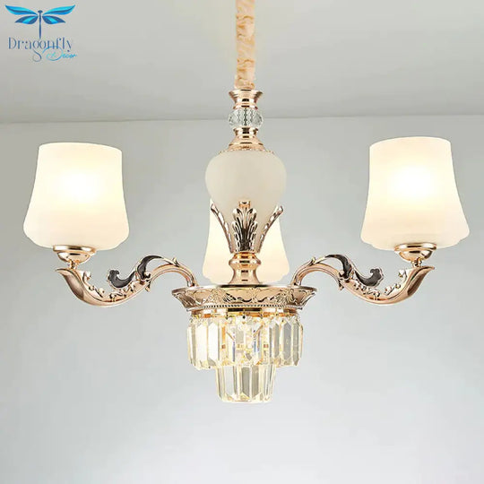 3/6 Heads Ceiling Light With Tapered Shade White Glass Traditional Bedchamber Chandelier Lamp In