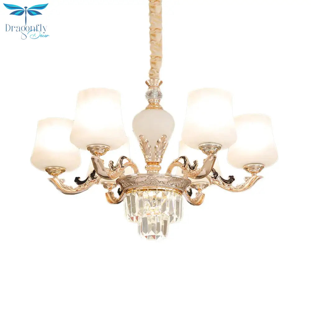 3/6 Heads Ceiling Light With Tapered Shade White Glass Traditional Bedchamber Chandelier Lamp In
