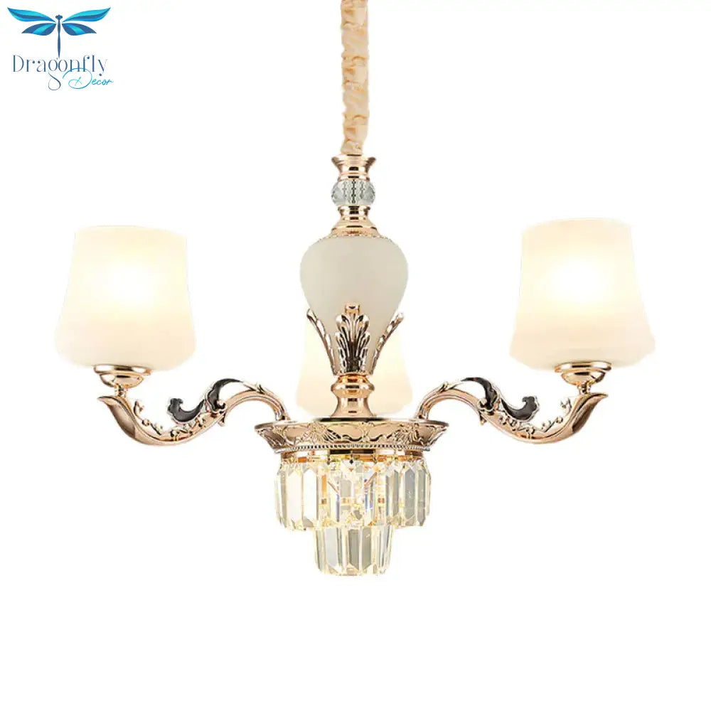3/6 Heads Ceiling Light With Tapered Shade White Glass Traditional Bedchamber Chandelier Lamp In
