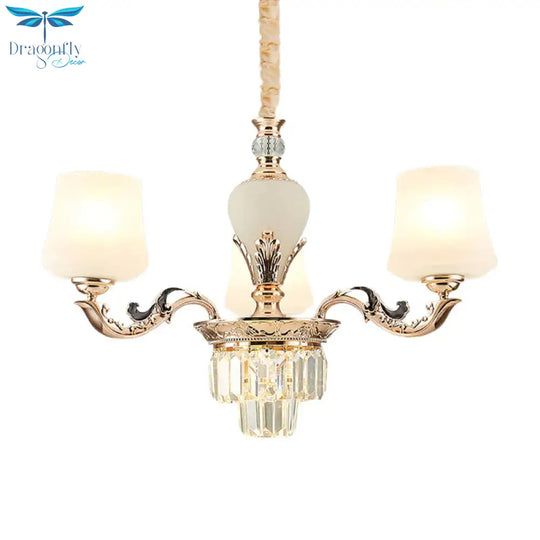 3/6 Heads Ceiling Light With Tapered Shade White Glass Traditional Bedchamber Chandelier Lamp In