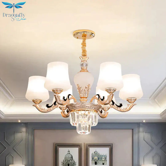 3/6 Heads Ceiling Light With Tapered Shade White Glass Traditional Bedchamber Chandelier Lamp In