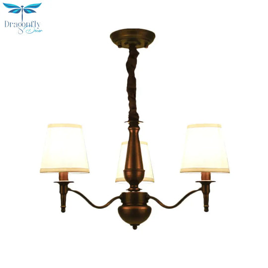 3/6 Heads Fabric Hanging Chandelier Traditional White Conical Dining Room Pendant Lamp