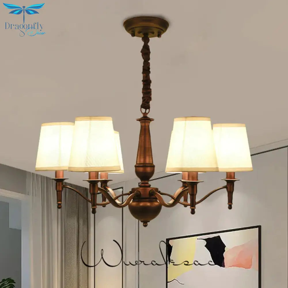 3/6 Heads Fabric Hanging Chandelier Traditional White Conical Dining Room Pendant Lamp