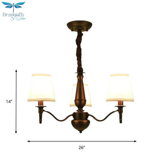 3/6 Heads Fabric Hanging Chandelier Traditional White Conical Dining Room Pendant Lamp