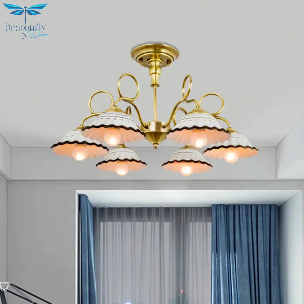 3/6 Heads Flared Chandelier Lamp Traditional Gold Ceramic Pendant Lighting Fixture With Swirl Arm