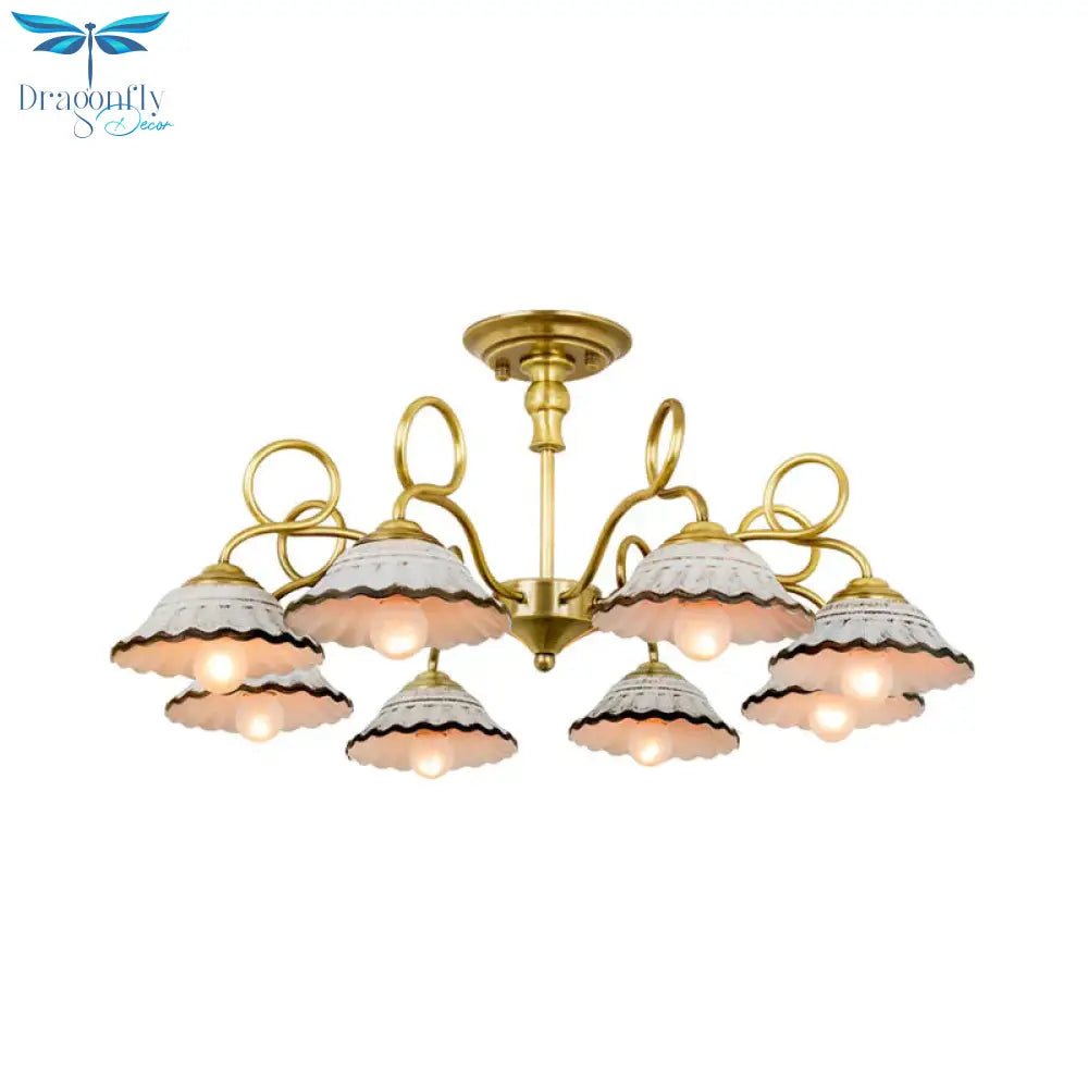3/6 Heads Flared Chandelier Lamp Traditional Gold Ceramic Pendant Lighting Fixture With Swirl Arm