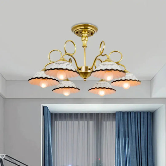 3/6 Heads Flared Chandelier Lamp Traditional Gold Ceramic Pendant Lighting Fixture With Swirl Arm 6