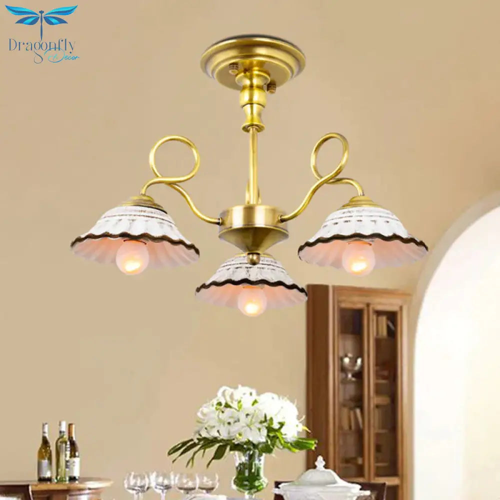 3/6 Heads Flared Chandelier Lamp Traditional Gold Ceramic Pendant Lighting Fixture With Swirl Arm