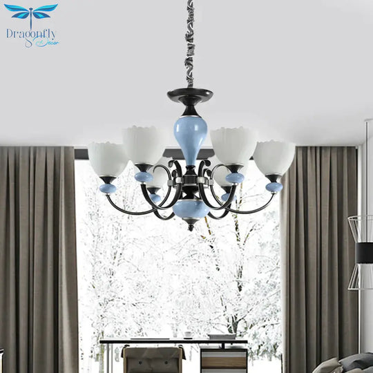 3/6 Heads Pendant Chandelier Countryside Bowl White Glass Ceiling Light In Black With Swooping Arm