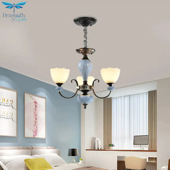 3/6 Heads Pendant Chandelier Countryside Bowl White Glass Ceiling Light In Black With Swooping Arm
