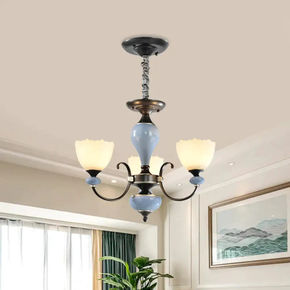 3/6 Heads Pendant Chandelier Countryside Bowl White Glass Ceiling Light In Black With Swooping Arm