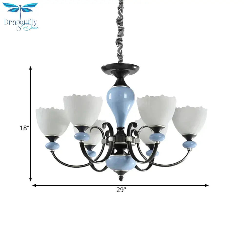 3/6 Heads Pendant Chandelier Countryside Bowl White Glass Ceiling Light In Black With Swooping Arm