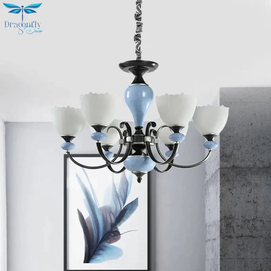 3/6 Heads Pendant Chandelier Countryside Bowl White Glass Ceiling Light In Black With Swooping Arm