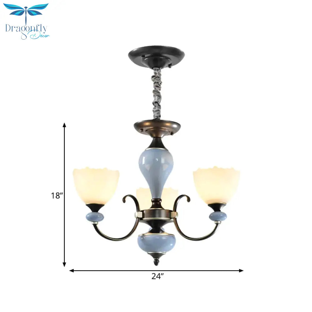 3/6 Heads Pendant Chandelier Countryside Bowl White Glass Ceiling Light In Black With Swooping Arm