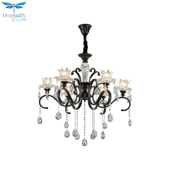 3/6 Heads Swirled Arm Chandelier Traditional Black Metal Hanging Lamp With Clear Crystal Tulip Shade