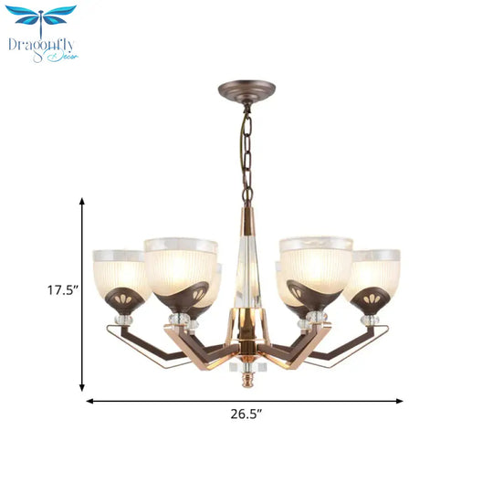 3/6 Lights Bowl Hanging Chandelier Vintage Coffee Finish White Ribbed Glass Pendant Lamp Fixture