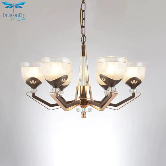3/6 Lights Bowl Hanging Chandelier Vintage Coffee Finish White Ribbed Glass Pendant Lamp Fixture