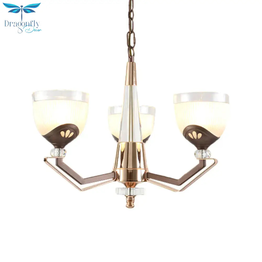 3/6 Lights Bowl Hanging Chandelier Vintage Coffee Finish White Ribbed Glass Pendant Lamp Fixture