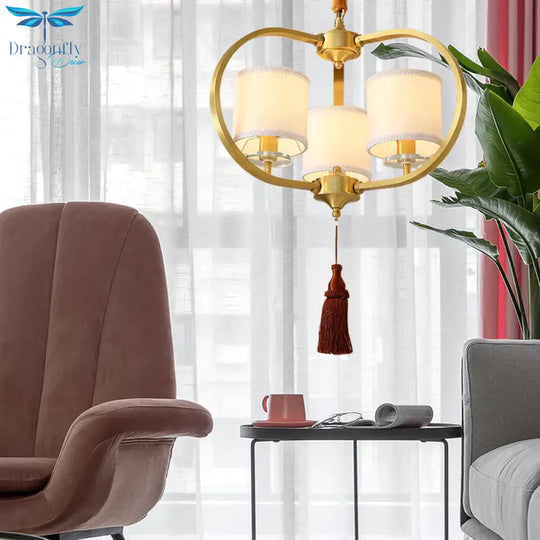 3/6 Lights Dining Room Chandelier Lamp Traditional Brass Ceiling Light With Drum Fabric Shade