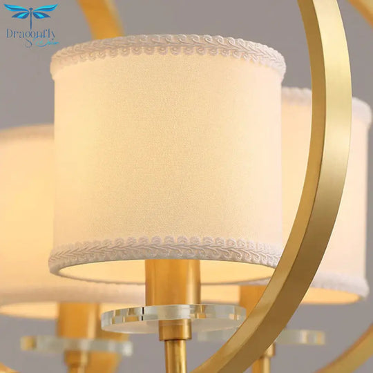 3/6 Lights Dining Room Chandelier Lamp Traditional Brass Ceiling Light With Drum Fabric Shade