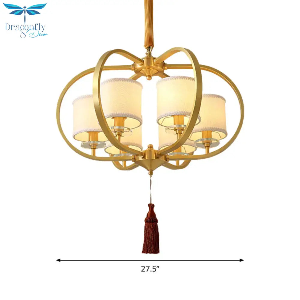 3/6 Lights Dining Room Chandelier Lamp Traditional Brass Ceiling Light With Drum Fabric Shade