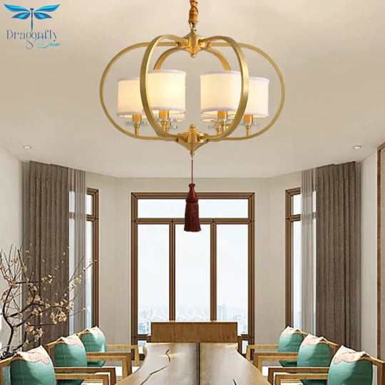 3/6 Lights Dining Room Chandelier Lamp Traditional Brass Ceiling Light With Drum Fabric Shade