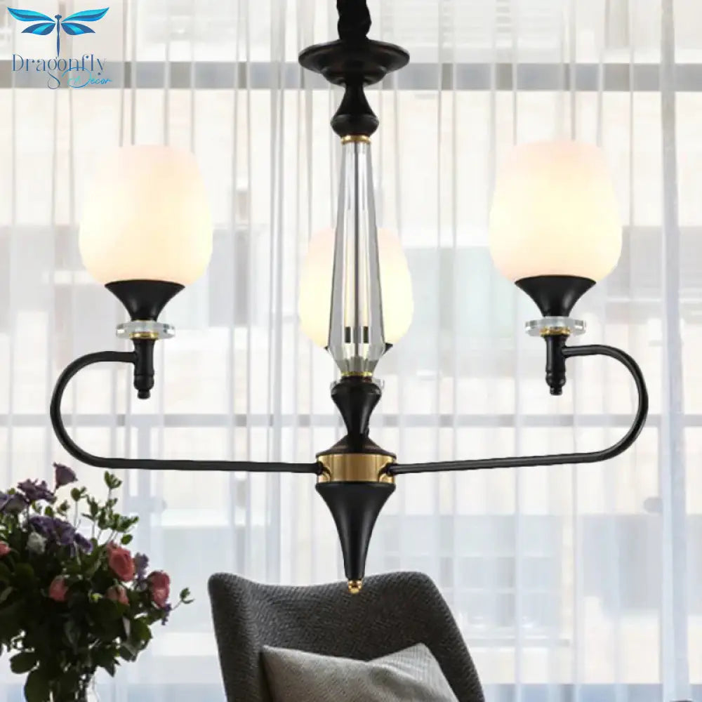 3/6 Lights Opal Glass Hanging Chandelier Traditional Matte Black Cone Living Room Pendant Light