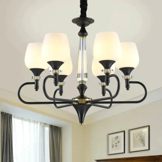 3/6 Lights Opal Glass Hanging Chandelier Traditional Matte Black Cone Living Room Pendant Light
