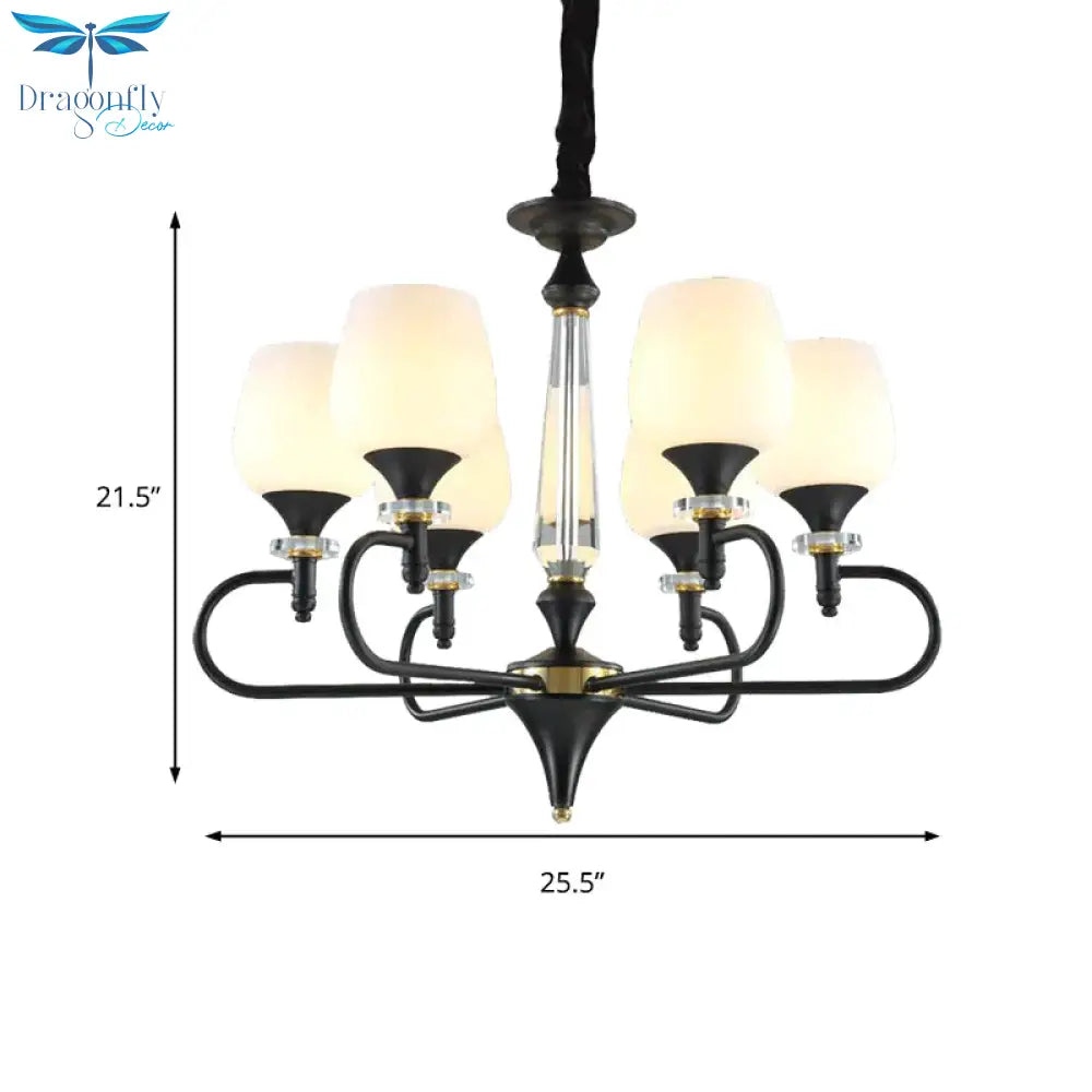 3/6 Lights Opal Glass Hanging Chandelier Traditional Matte Black Cone Living Room Pendant Light