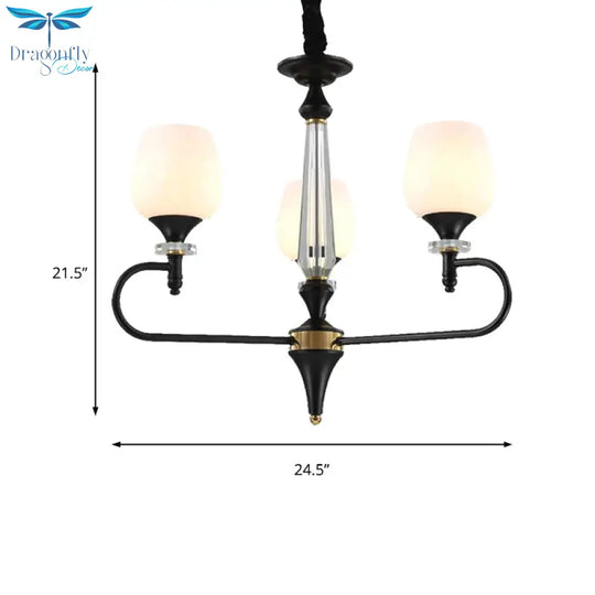 3/6 Lights Opal Glass Hanging Chandelier Traditional Matte Black Cone Living Room Pendant Light