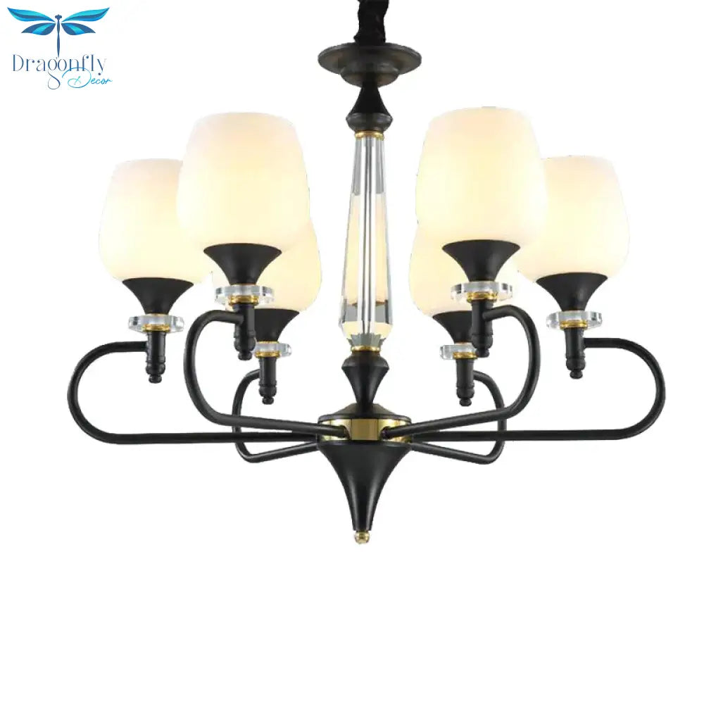 3/6 Lights Opal Glass Hanging Chandelier Traditional Matte Black Cone Living Room Pendant Light