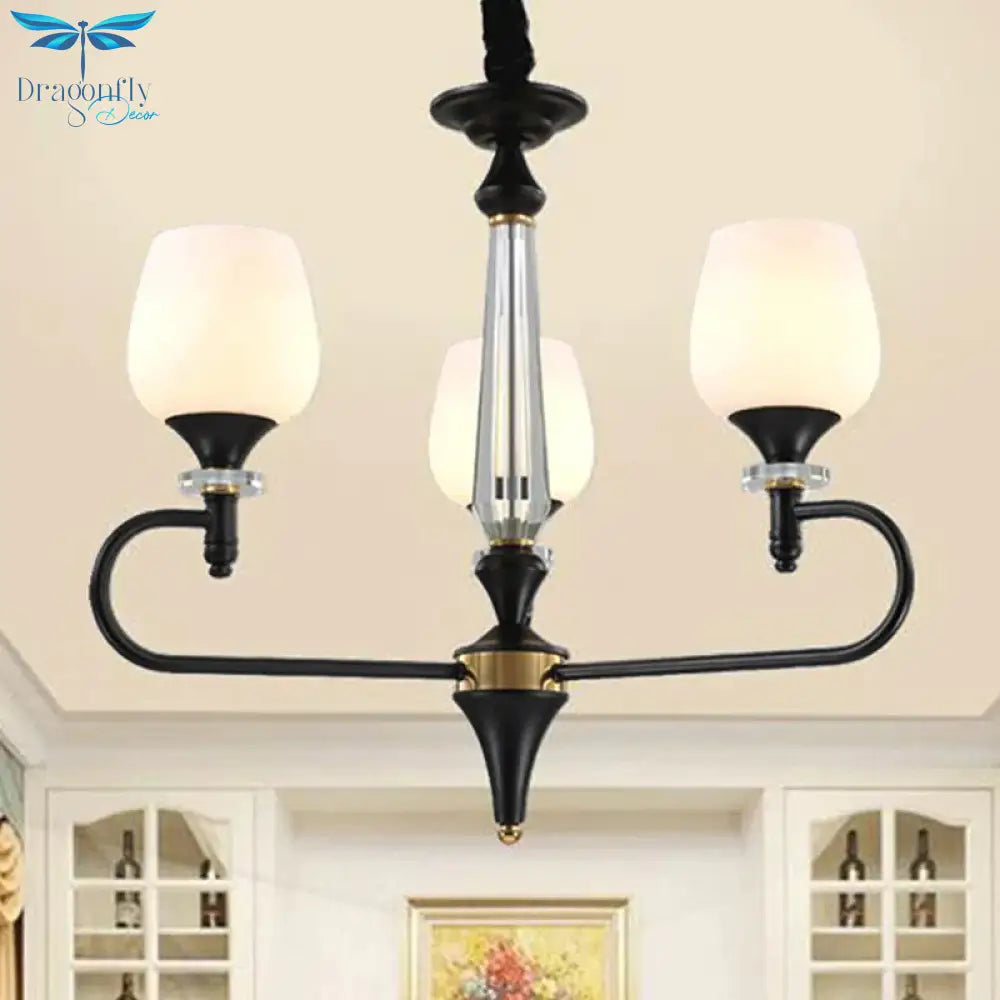 3/6 Lights Opal Glass Hanging Chandelier Traditional Matte Black Cone Living Room Pendant Light