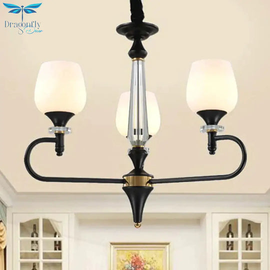3/6 Lights Opal Glass Hanging Chandelier Traditional Matte Black Cone Living Room Pendant Light