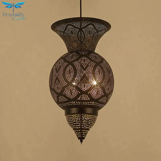 3 - Bulb Etched Urn Hanging Chandelier Countryside Black Metal Ceiling Suspension Lamp