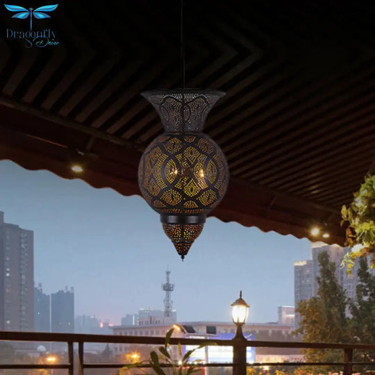3 - Bulb Etched Urn Hanging Chandelier Countryside Black Metal Ceiling Suspension Lamp