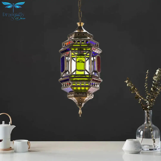 3 - Bulb Hanging Lighting Art Deco Castle Shape Colorful Glass Chandelier Pendant Lamp In Brass